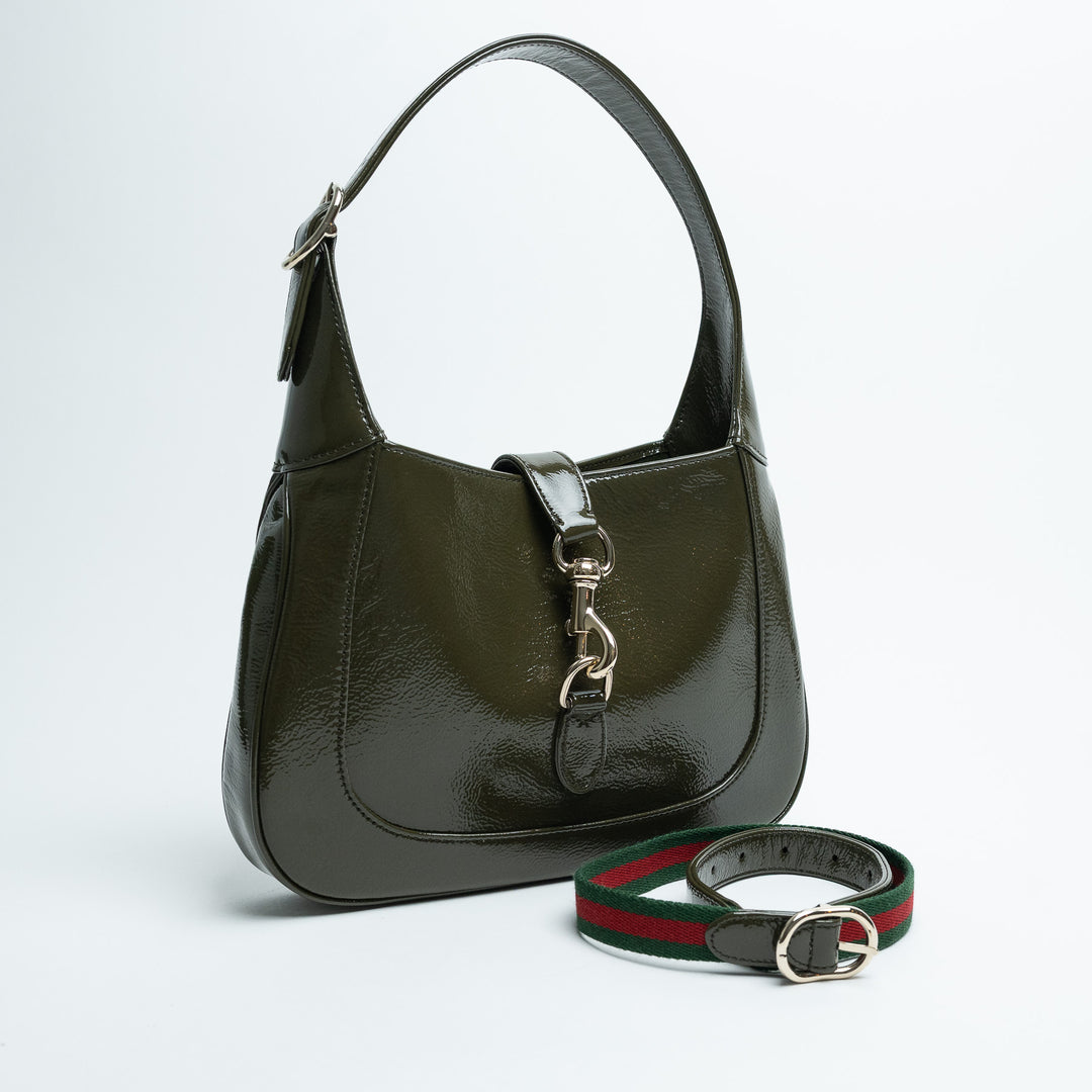 Gucci Khaki Green Patent Leather Jackie 1961 Bag Medium Size
