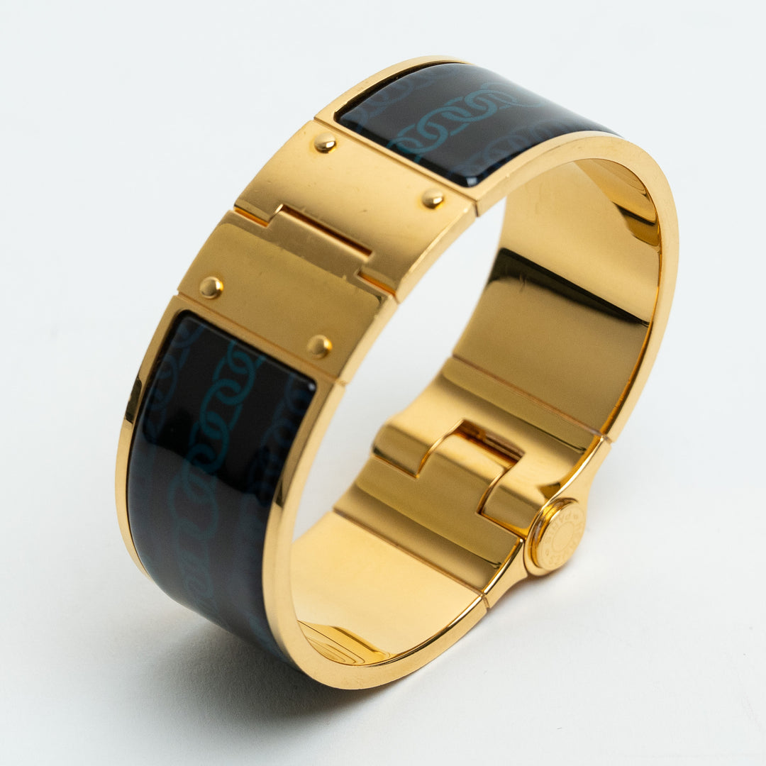 Hermes Gold & Navy Enamel Chain Motif Chaniere PM Wide Hinged Bracelet