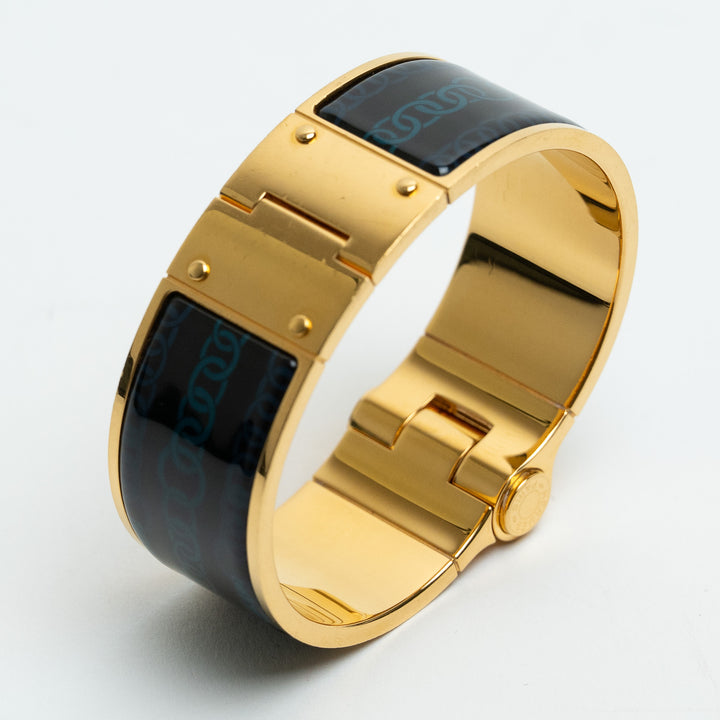Hermes Gold & Navy Enamel Chain Motif Chaniere PM Wide Hinged Bracelet