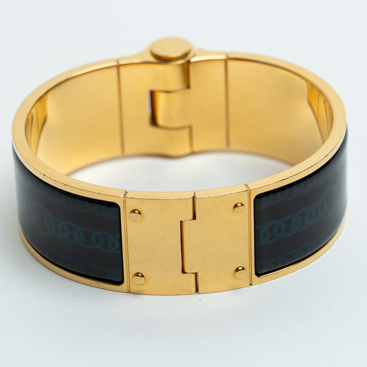 Hermes Gold & Navy Enamel Chain Motif Chaniere PM Wide Hinged Bracelet