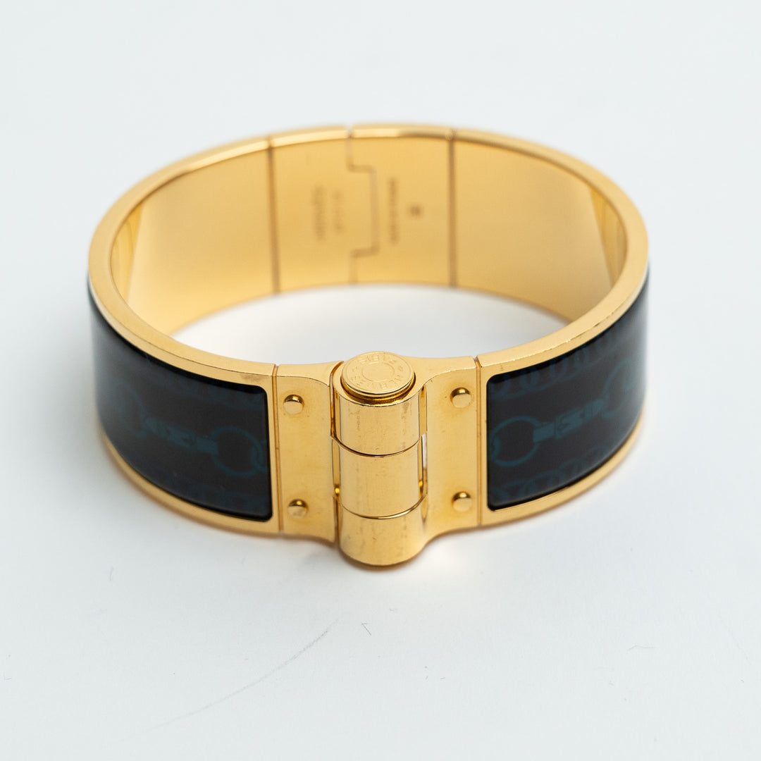 Hermes Gold & Navy Enamel Chain Motif Chaniere PM Wide Hinged Bracelet