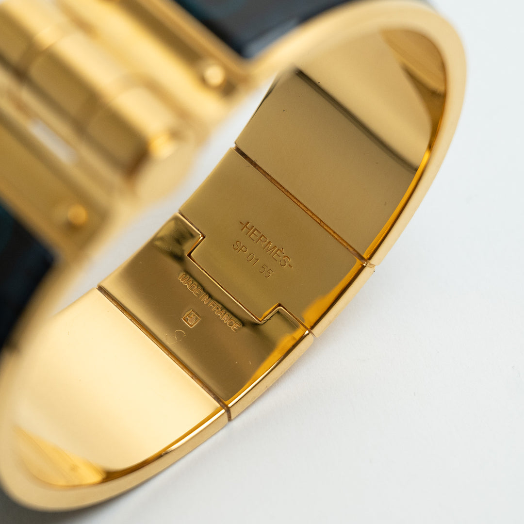 Hermes Gold & Navy Enamel Chain Motif Chaniere PM Wide Hinged Bracelet