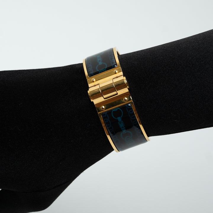 Hermes Gold & Navy Enamel Chain Motif Chaniere PM Wide Hinged Bracelet