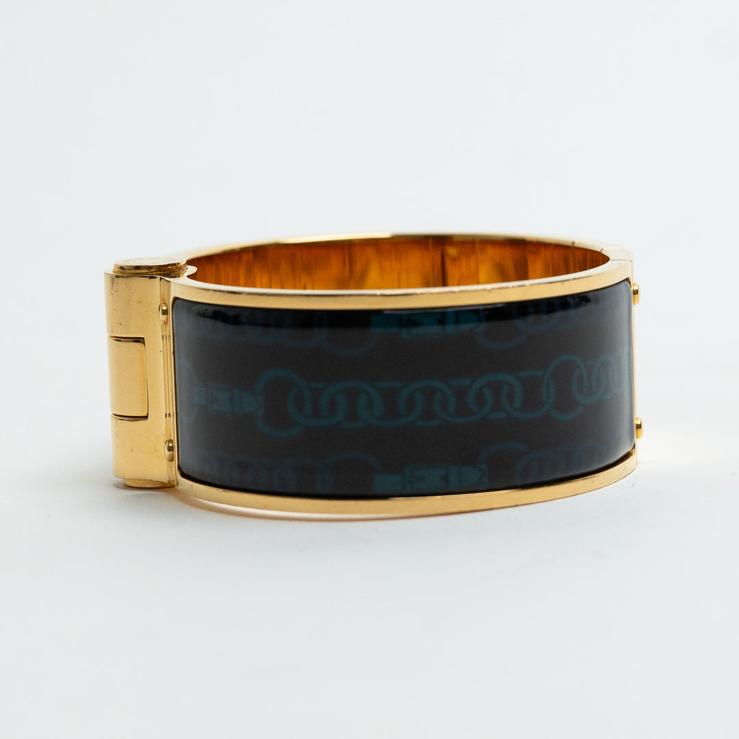 Hermes Gold & Navy Enamel Chain Motif Chaniere PM Wide Hinged Bracelet