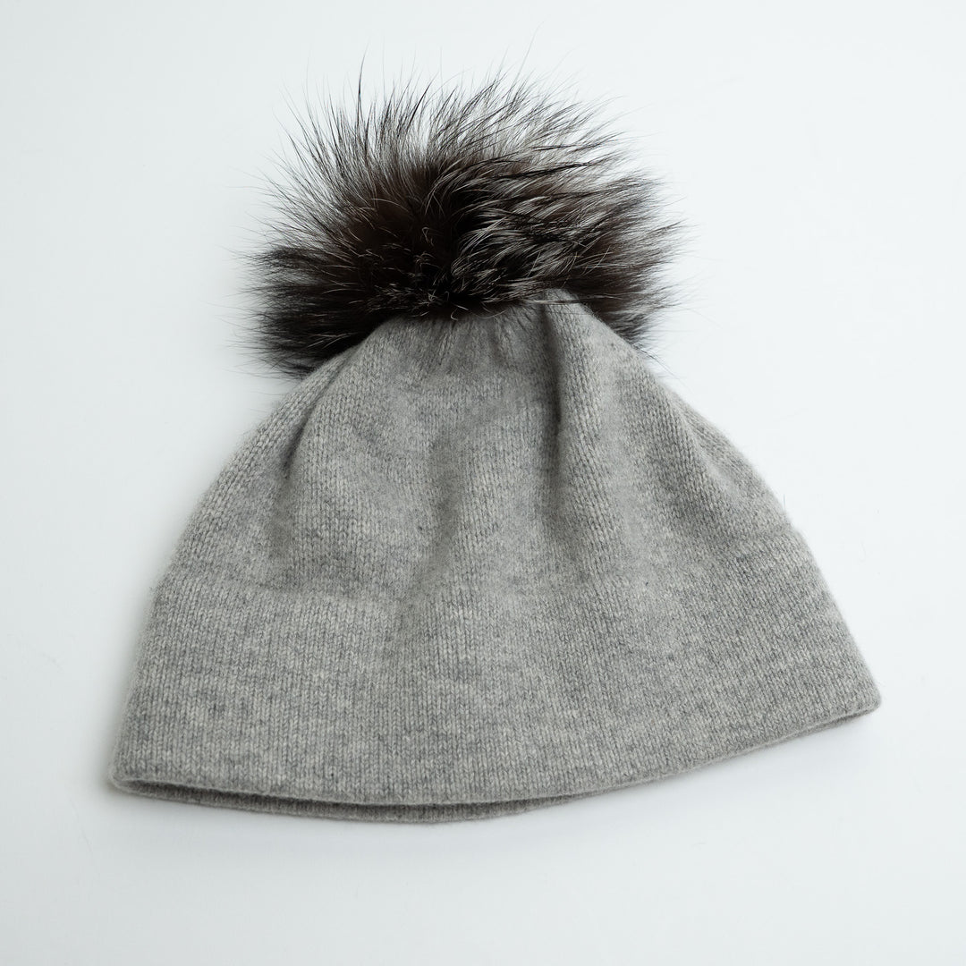 Portolanno Grey Cashmere Knit Hat with Fox Fur PomPom