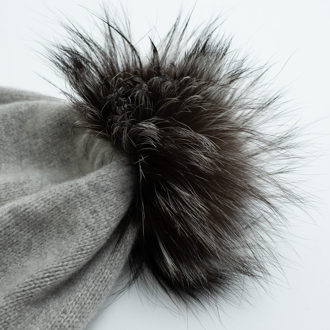 Portolanno Grey Cashmere Knit Hat with Fox Fur PomPom