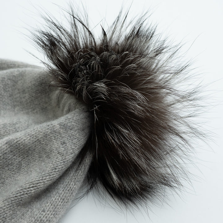 Portolanno Grey Cashmere Knit Hat with Fox Fur PomPom