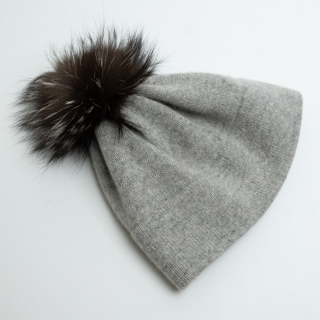 Portolanno Grey Cashmere Knit Hat with Fox Fur PomPom