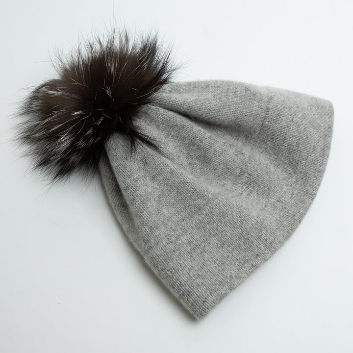 Portolanno Grey Cashmere Knit Hat with Fox Fur PomPom