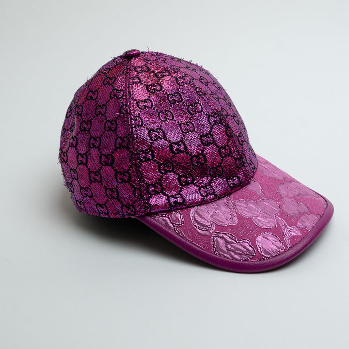 Gucci Purple Monogram Metallic Hat with Calfskin Accents Size S