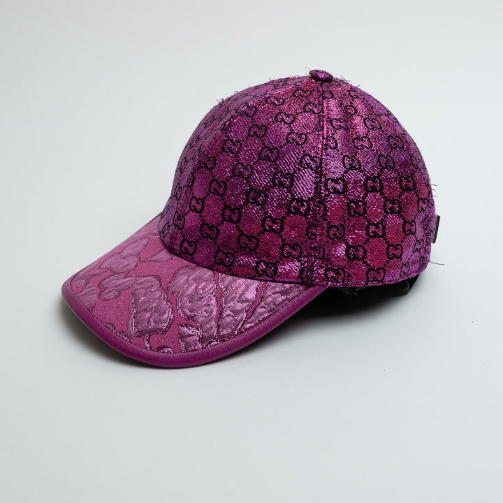 Gucci Purple Monogram Metallic Hat with Calfskin Accents Size S