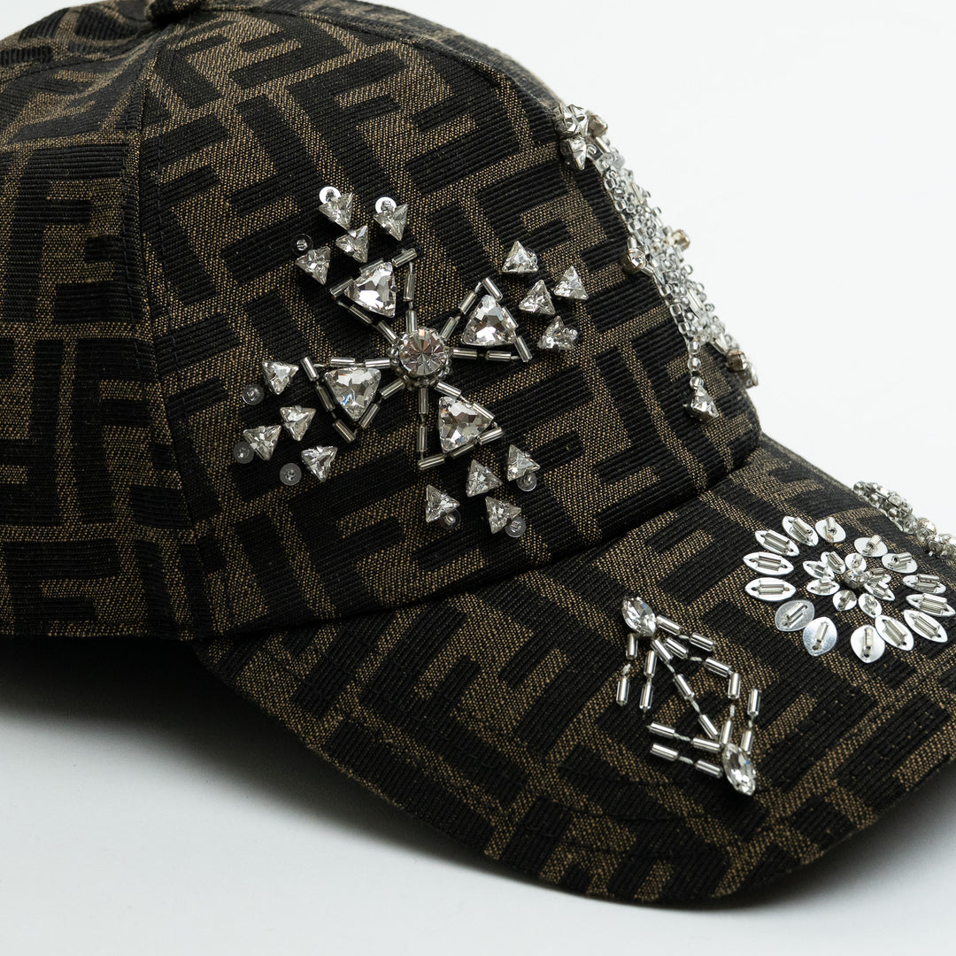 Fendi Brown Zucca Crystal & Sequin Embellished Baseball Cap