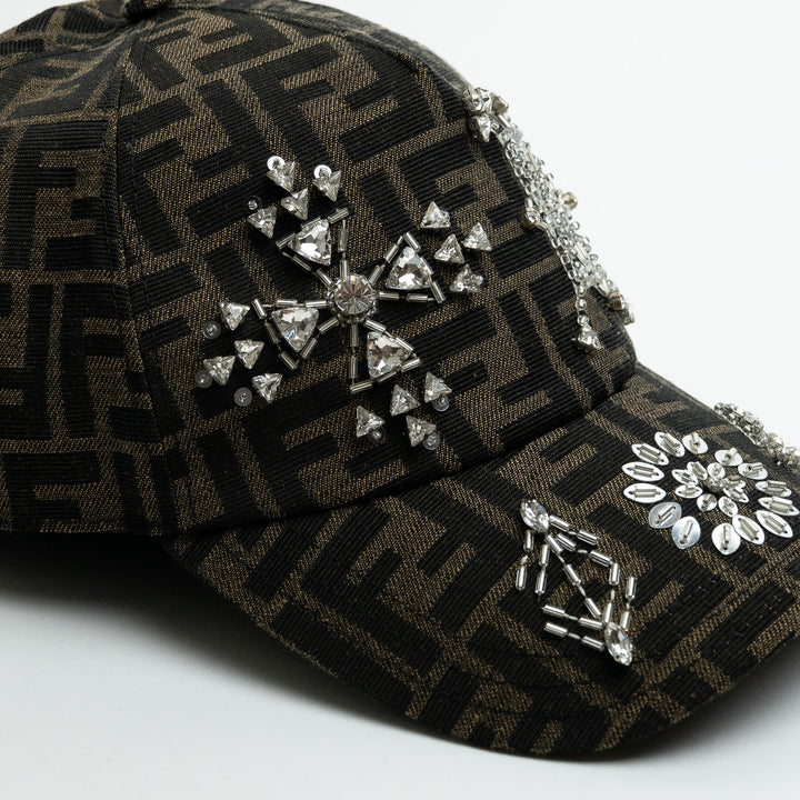 Fendi Brown Zucca Crystal & Sequin Embellished Baseball Cap
