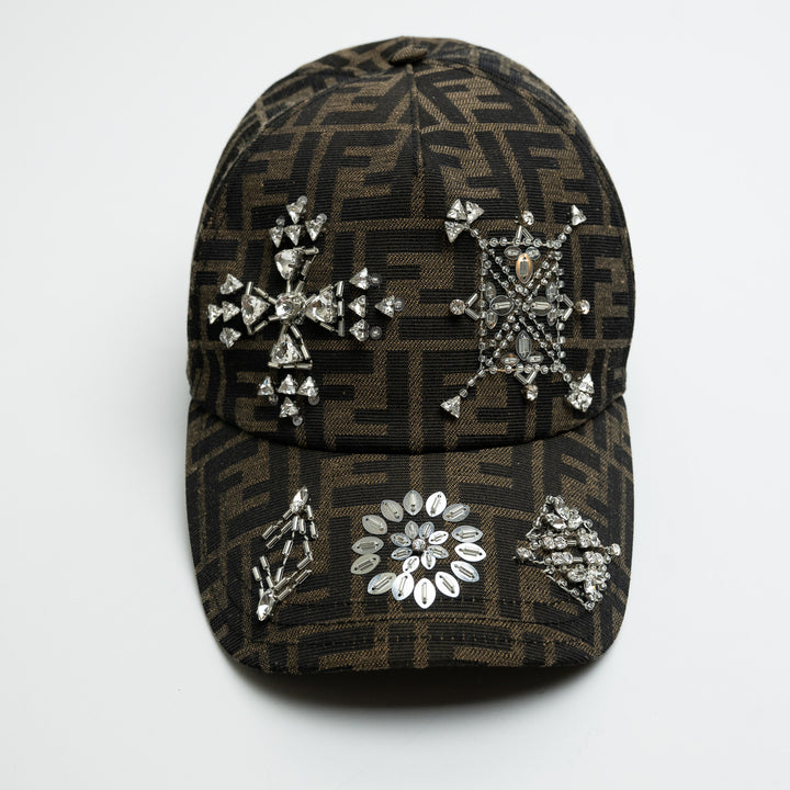 Fendi Brown Zucca Crystal & Sequin Embellished Baseball Cap