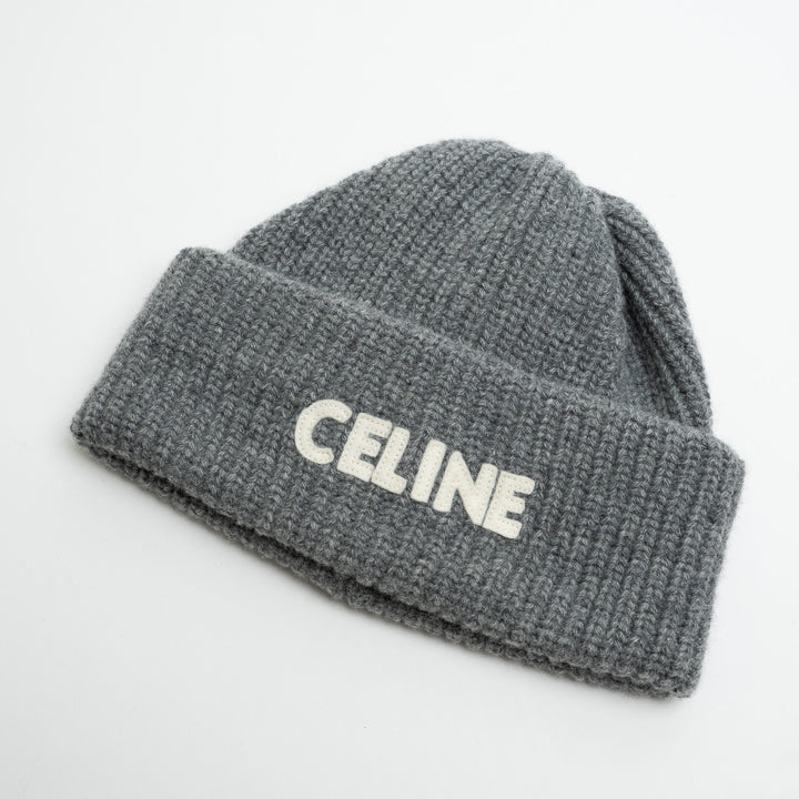 Celine Grey Wool Knit Hat with White Logo