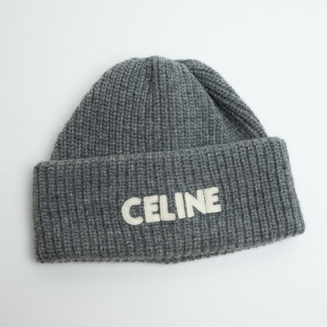 Celine Grey Wool Knit Hat with White Logo