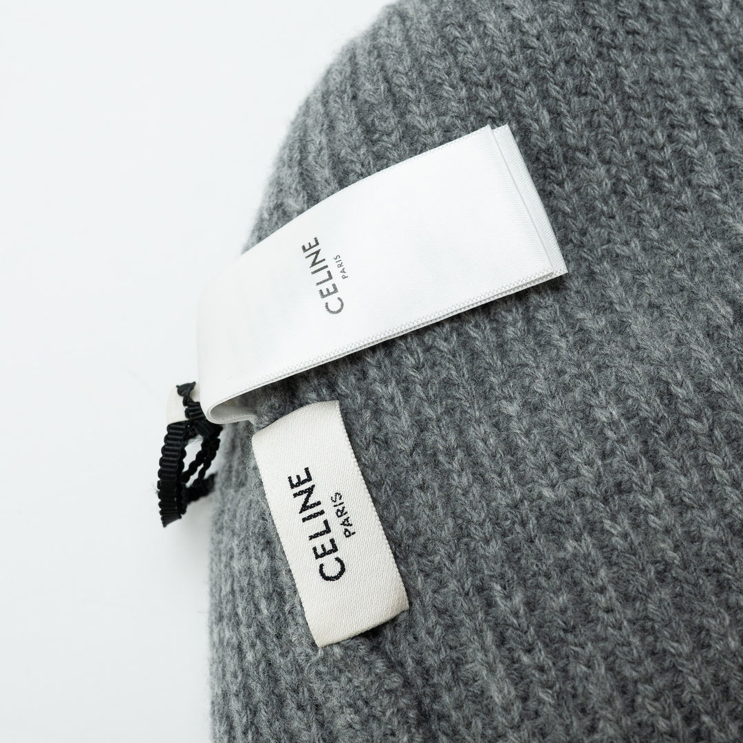 Celine Grey Wool Knit Hat with White Logo