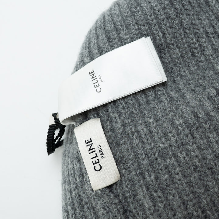 Celine Grey Wool Knit Hat with White Logo