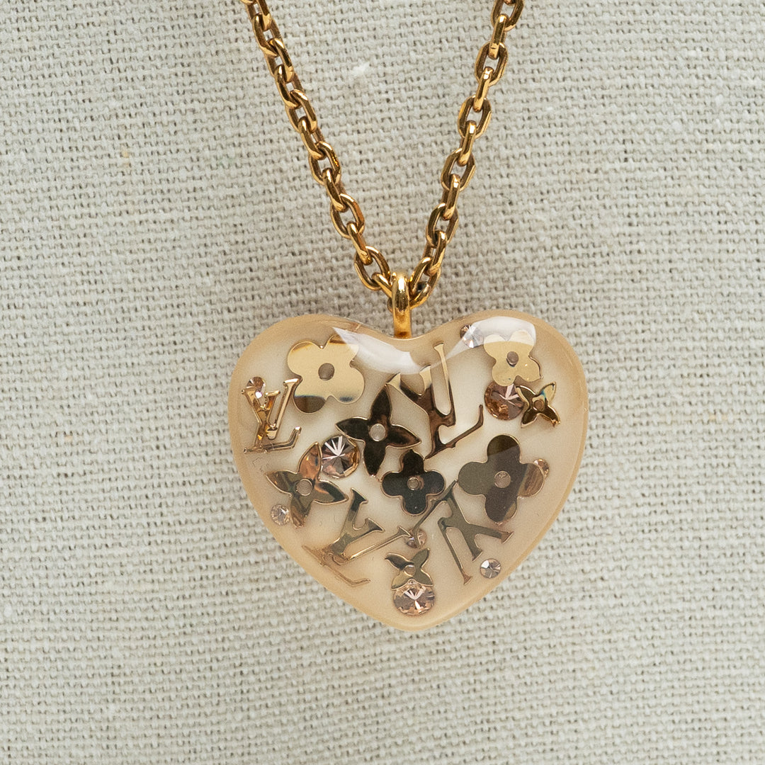 Louis Vuitton Gold Tone Monogram Motif Inclusion Heart Pendant