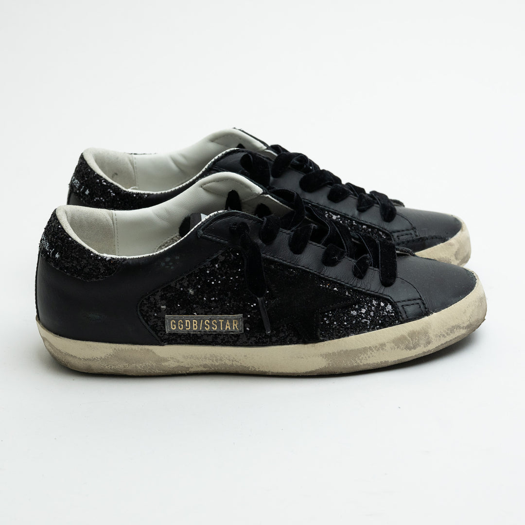 Golden Goose Black Super-Star Glitter Low-Top Sneakers Size 36