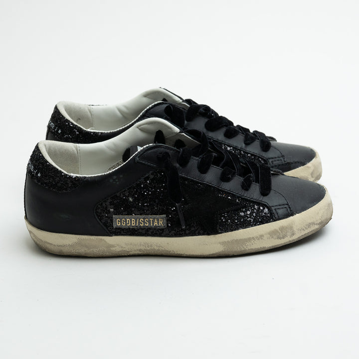 Golden Goose Black Super-Star Glitter Low-Top Sneakers Size 36