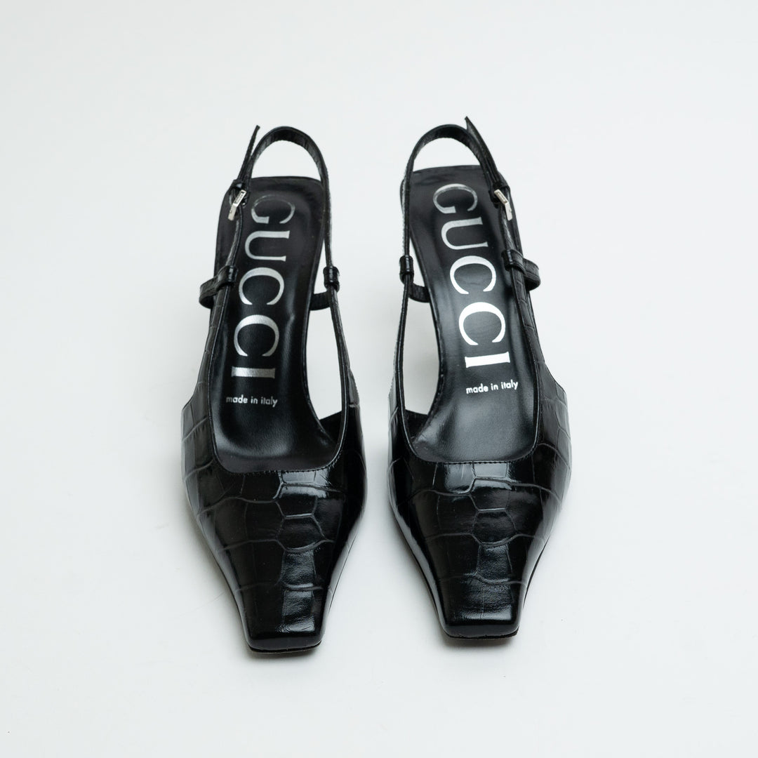 Gucci Black Croc Embossed Leather Slingback Pointed-Toe Pumps Size 36