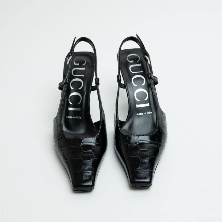 Gucci Black Croc Embossed Leather Slingback Pointed-Toe Pumps Size 36