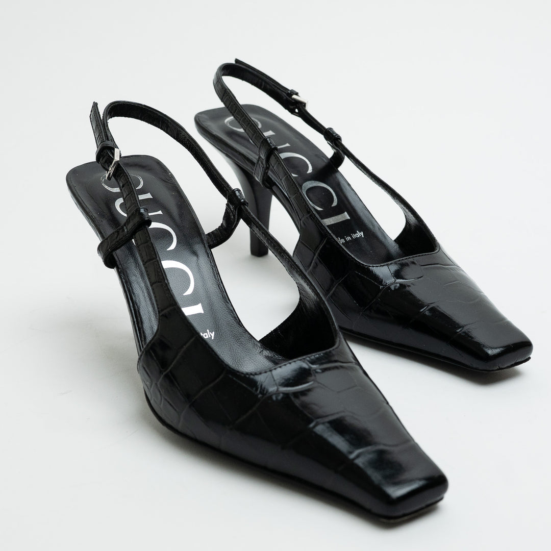 Gucci Black Croc Embossed Leather Slingback Pointed-Toe Pumps Size 36