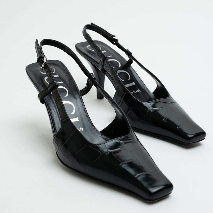 Gucci Black Croc Embossed Leather Slingback Pointed-Toe Pumps Size 36