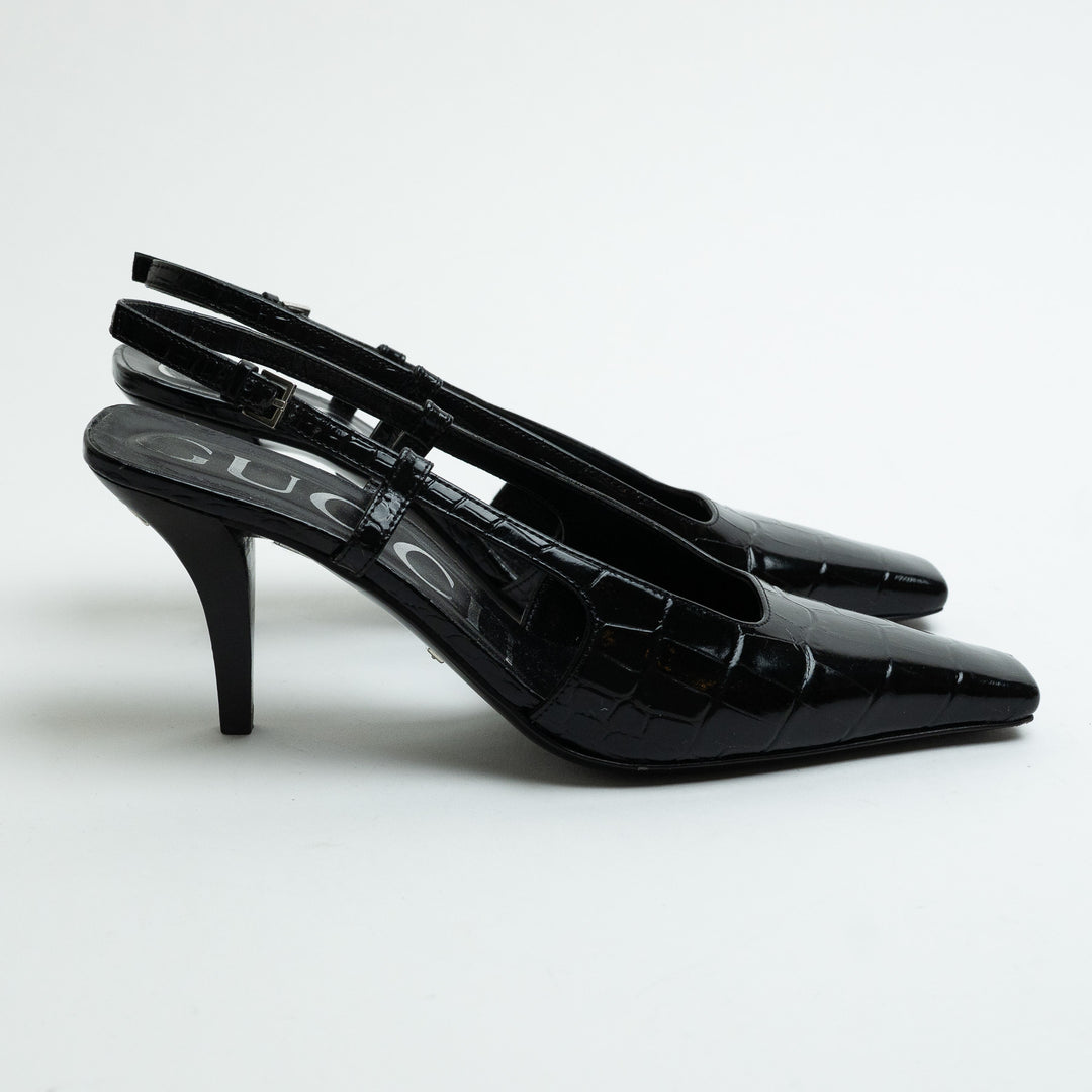 Gucci Black Croc Embossed Leather Slingback Pointed-Toe Pumps Size 36