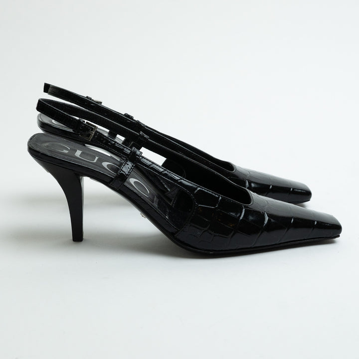 Gucci Black Croc Embossed Leather Slingback Pointed-Toe Pumps Size 36