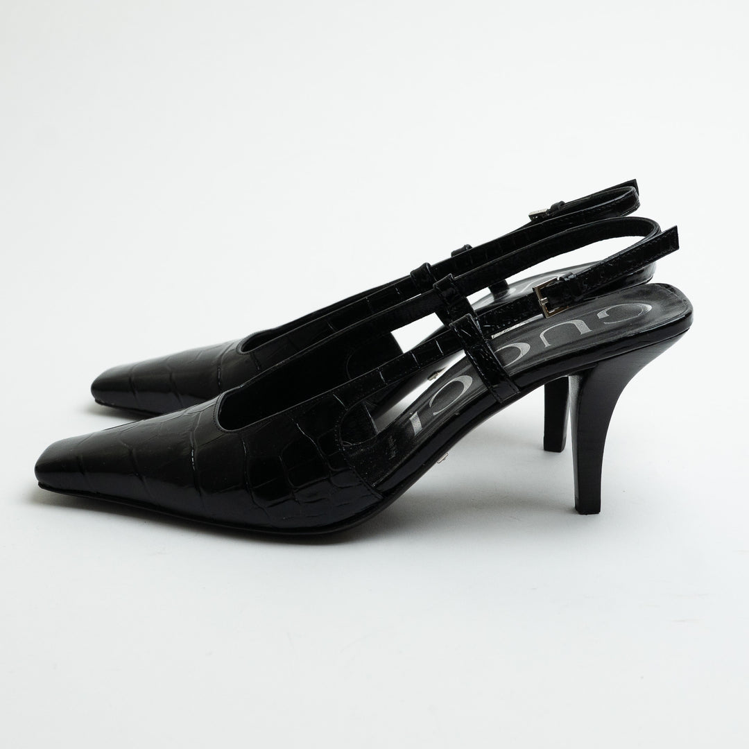 Gucci Black Croc Embossed Leather Slingback Pointed-Toe Pumps Size 36