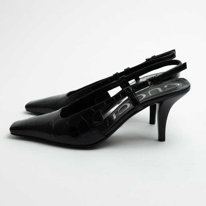Gucci Black Croc Embossed Leather Slingback Pointed-Toe Pumps Size 36