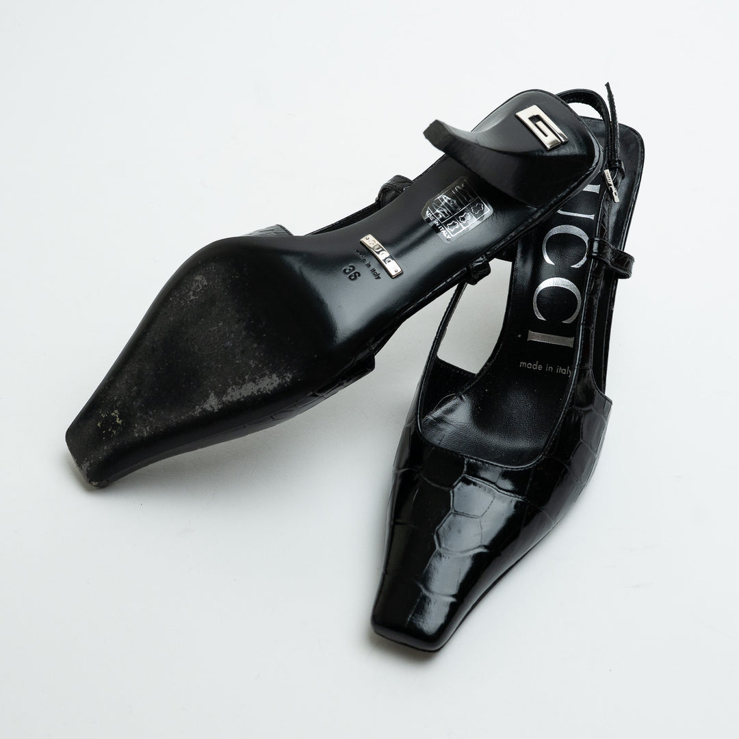 Gucci Black Croc Embossed Leather Slingback Pointed-Toe Pumps Size 36