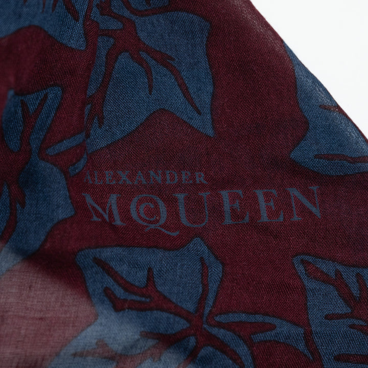 Alexander McQueen Burgundy & Navy Silk Skull & Leaf Print Scarf