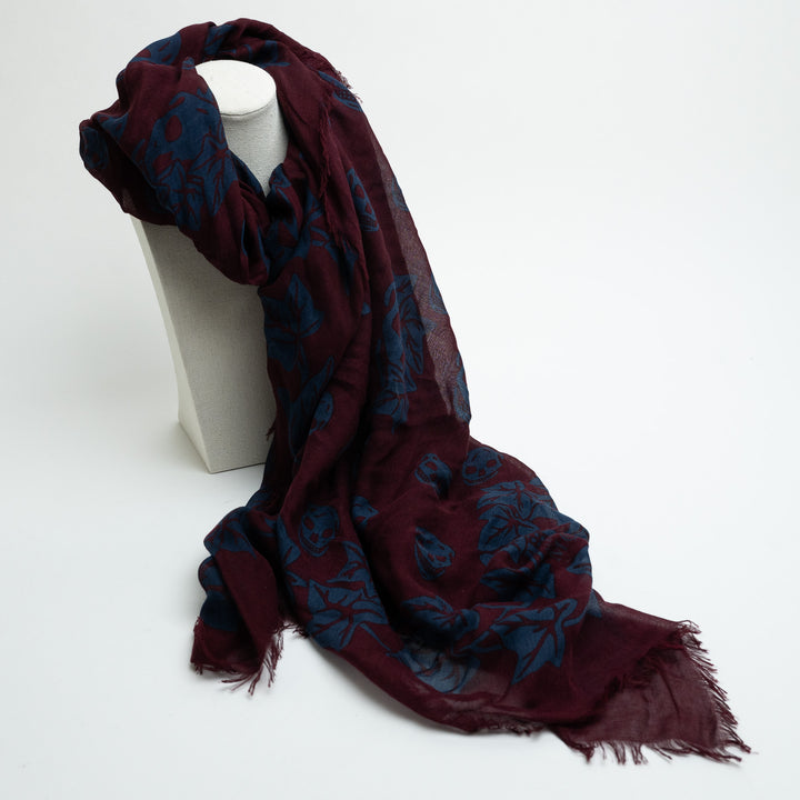 Alexander McQueen Burgundy & Navy Silk Skull & Leaf Print Scarf