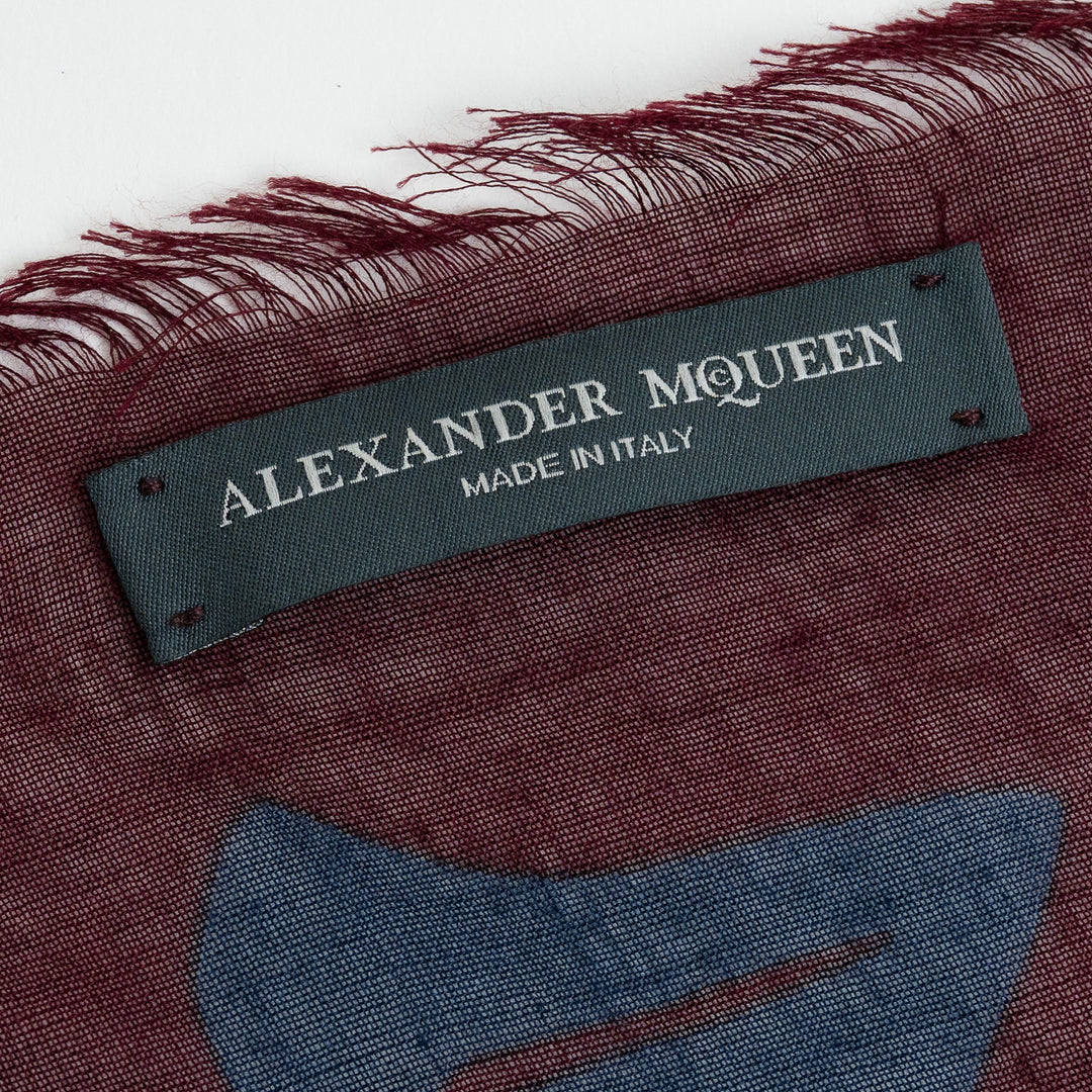 Alexander McQueen Burgundy & Navy Silk Skull & Leaf Print Scarf