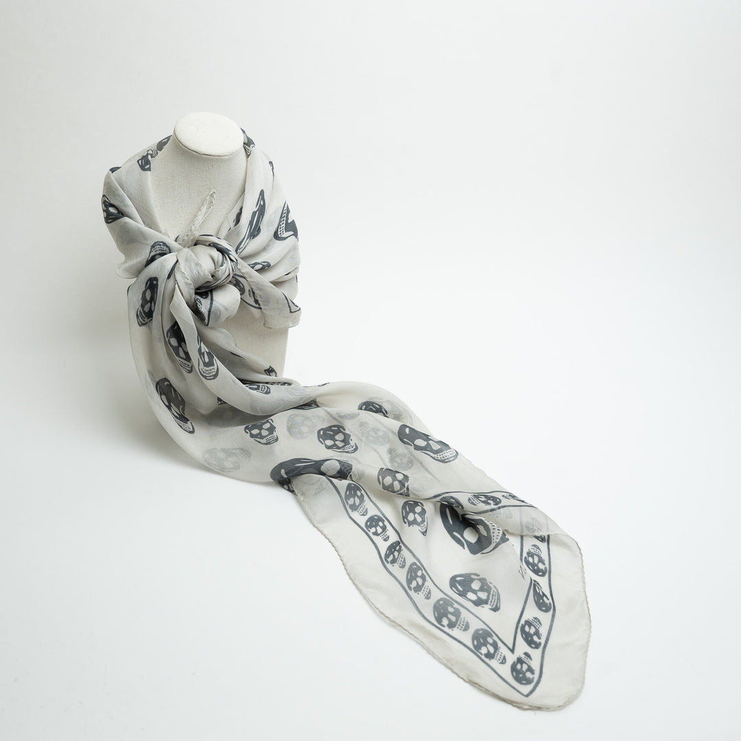 Alexander McQueen Grey Silk Scarf with Skull Print