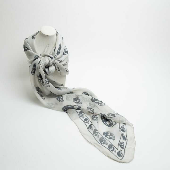 Alexander McQueen Grey Silk Scarf with Skull Print