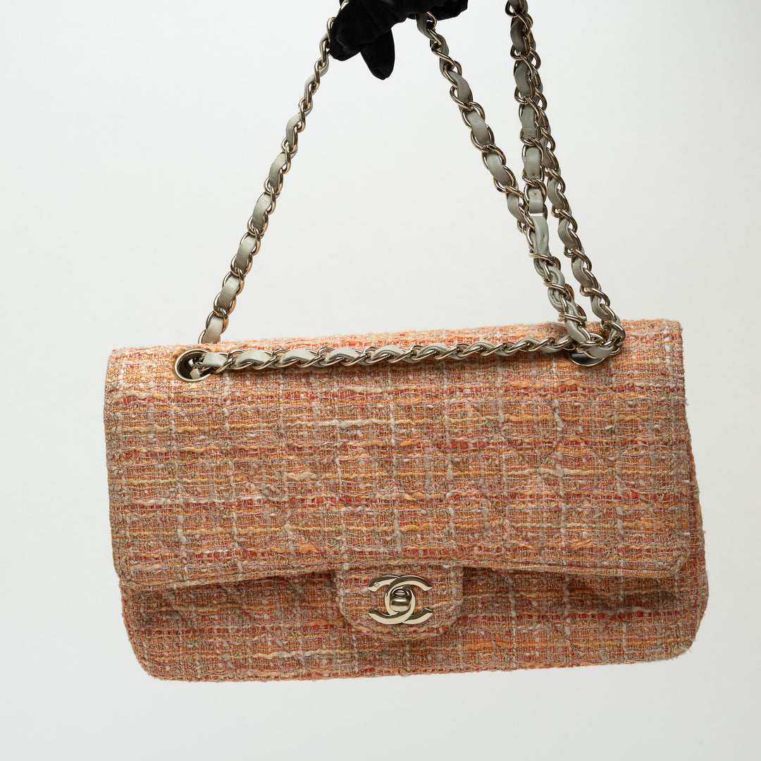 Pre-Loved Chanel™ Orange Multicolour Tweed Medium Classic Double Flap Bag