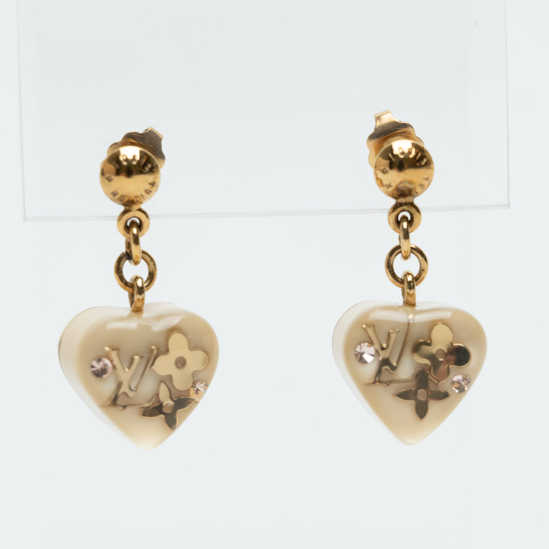 Louis Vuitton Gold Tone Monogram Motif Inclusion Heart Drop Earrings