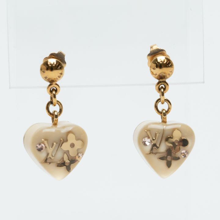 Louis Vuitton Gold Tone Monogram Motif Inclusion Heart Drop Earrings