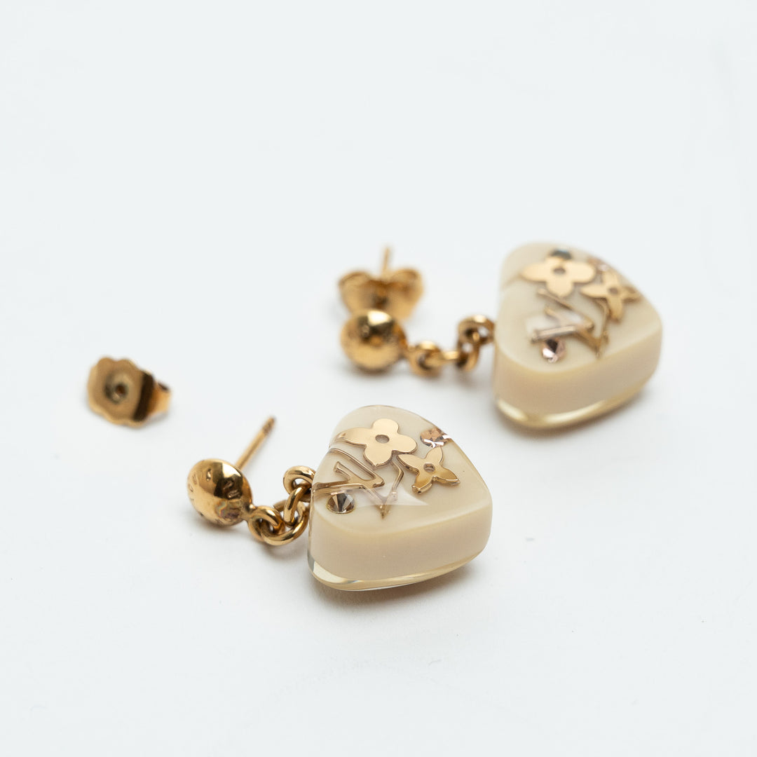 Louis Vuitton Gold Tone Monogram Motif Inclusion Heart Drop Earrings
