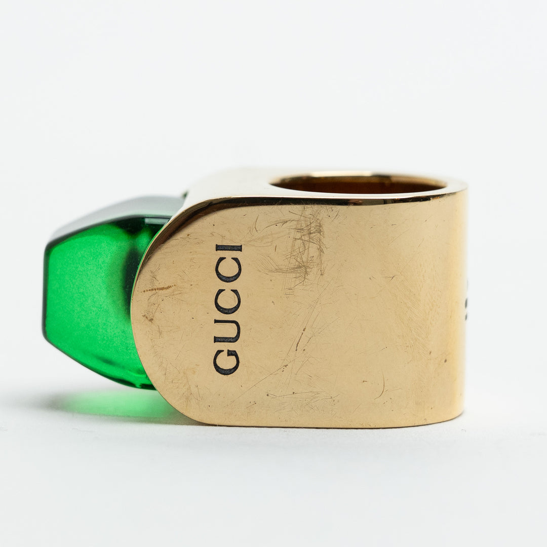 Gucci Gold-Tone Thick Green Resin Stone Ring Size 5.5