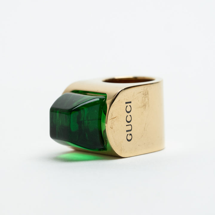 Gucci Gold-Tone Thick Green Resin Stone Ring Size 5.5