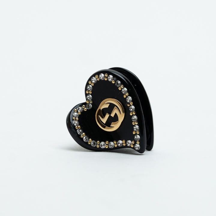 Gucci Black Resin Heart-Shaped Interlocking G Crystal Hair Clip