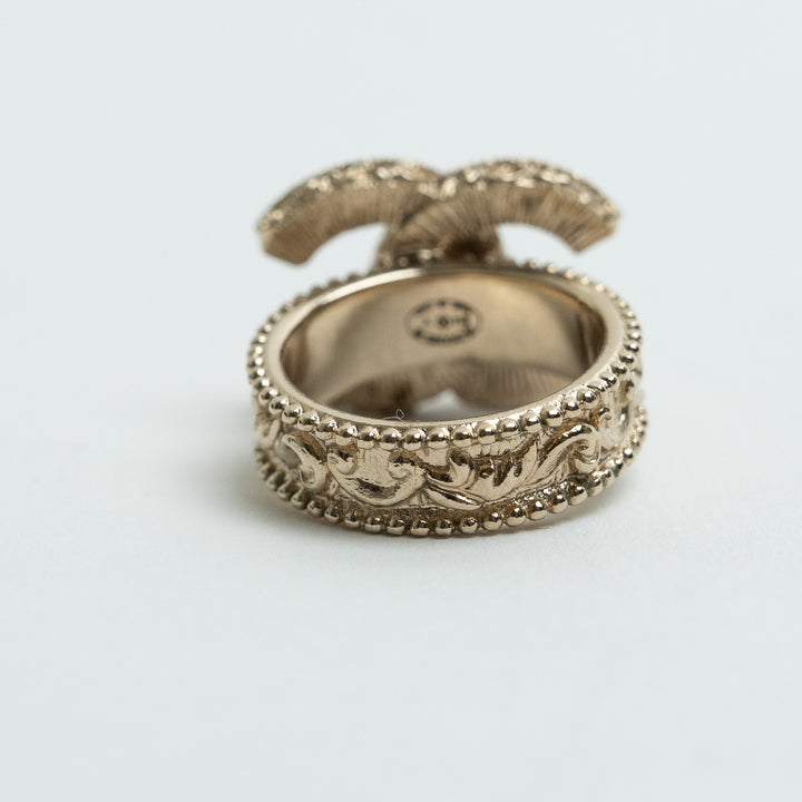 Pre-Loved Chanel™ Gold Tone Interlocking Filagree Logo Ring Size 52