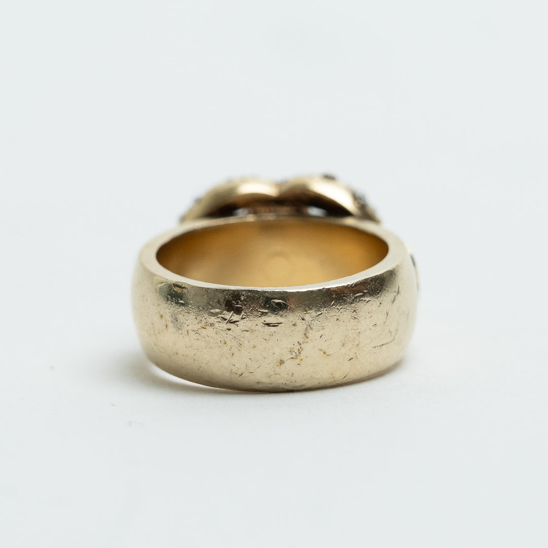 Pre-Loved Chanel™ Gold Tone Interlocking Logo Crystal Embellished Ring Size 53