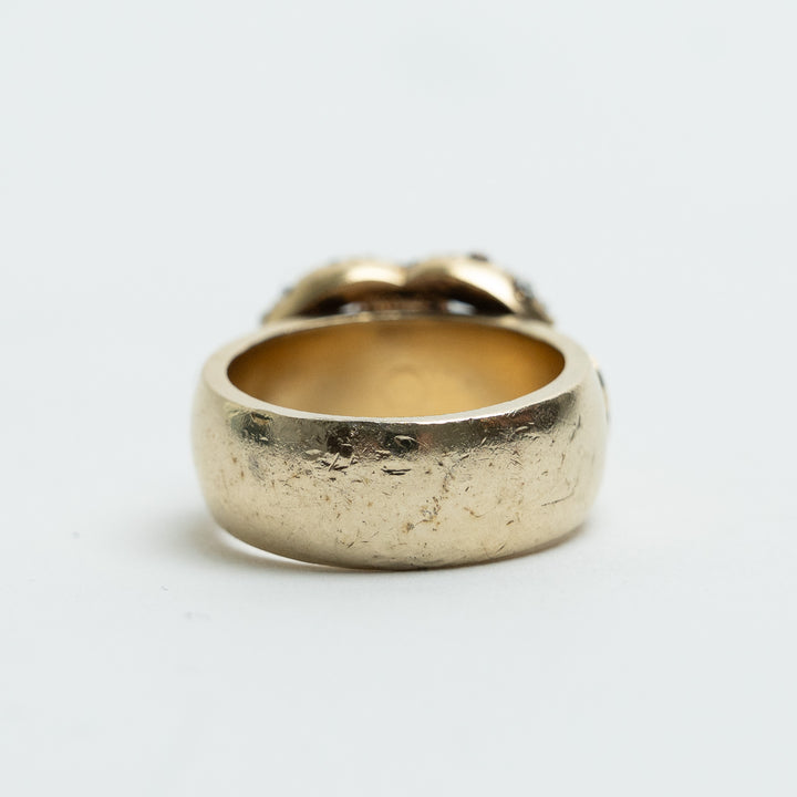 Pre-Loved Chanel™ Gold Tone Interlocking Logo Crystal Embellished Ring Size 53