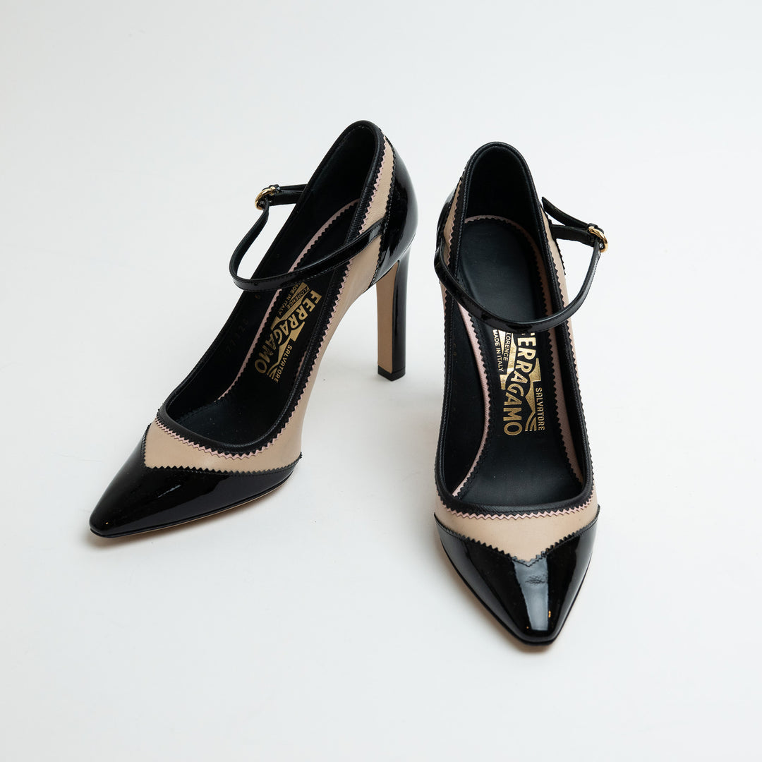 Ferragamo Black and Nude Leather Erika Mary Jane Pumps Size 36.5